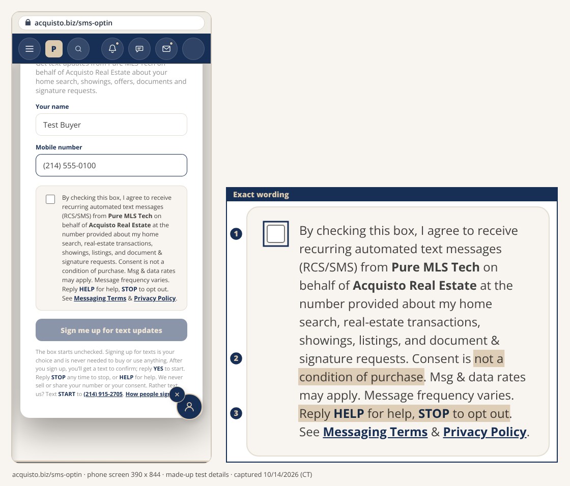 The text sign-up page on a phone at acquisto.biz/sms-optin, with Test Buyer and a 555 number typed in and the texting box unchecked; beside it the same box enlarged with the full consent words, marked 1 at the empty box, 2 at not a condition of purchase and 3 at HELP and STOP.