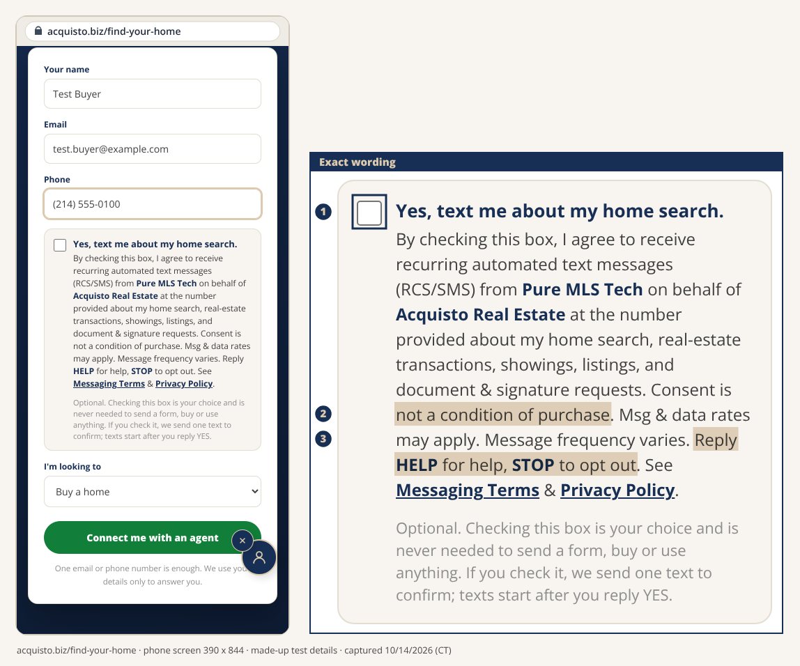 The Find your home form on a phone at acquisto.biz/find-your-home, filled with Test Buyer details, the texting box unchecked and the Connect me with an agent button ready to press; beside it the box enlarged with the full consent words and marks 1 to 3.