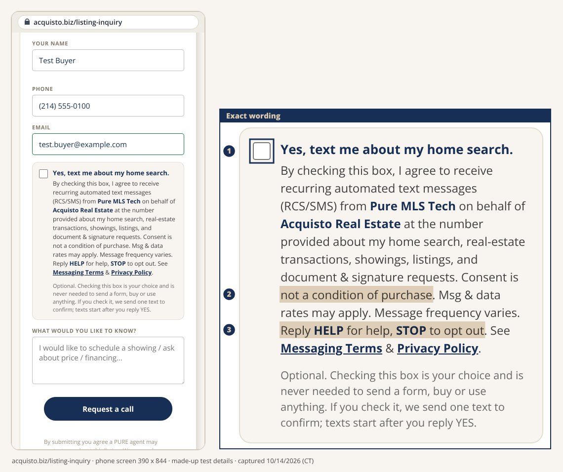 The listing question form on a phone at acquisto.biz/listing-inquiry, filled with Test Buyer details, the texting box unchecked and the Request a call button ready; beside it the box enlarged with the full consent words and marks 1 to 3.
