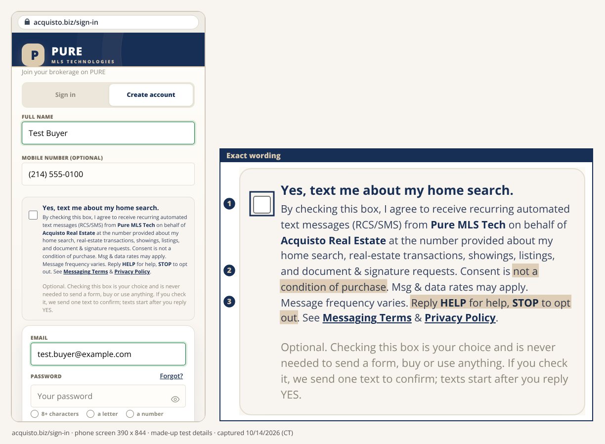 The Create account tab on a phone at acquisto.biz/sign-in with Test Buyer, a 555 mobile number and a test email typed in and the texting box unchecked; beside it the box enlarged with the full consent words and marks 1 to 3.