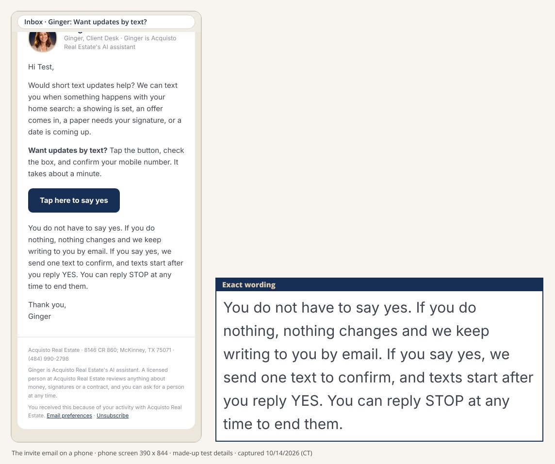 The texting invite email from Ginger on a phone, addressed to Test: it asks if short text updates would help and has a Tap here to say yes button; beside it, enlarged, the line You do not have to say yes. If you do nothing, nothing changes.