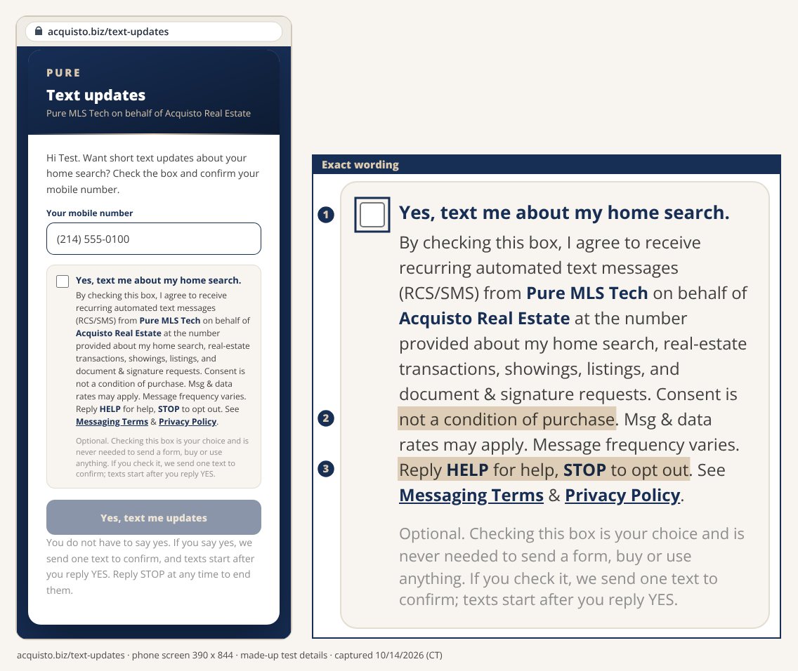The text updates confirm page on a phone at acquisto.biz/text-updates with a 555 number typed in and the texting box unchecked; beside it the box enlarged with the full consent words and marks 1 to 3.