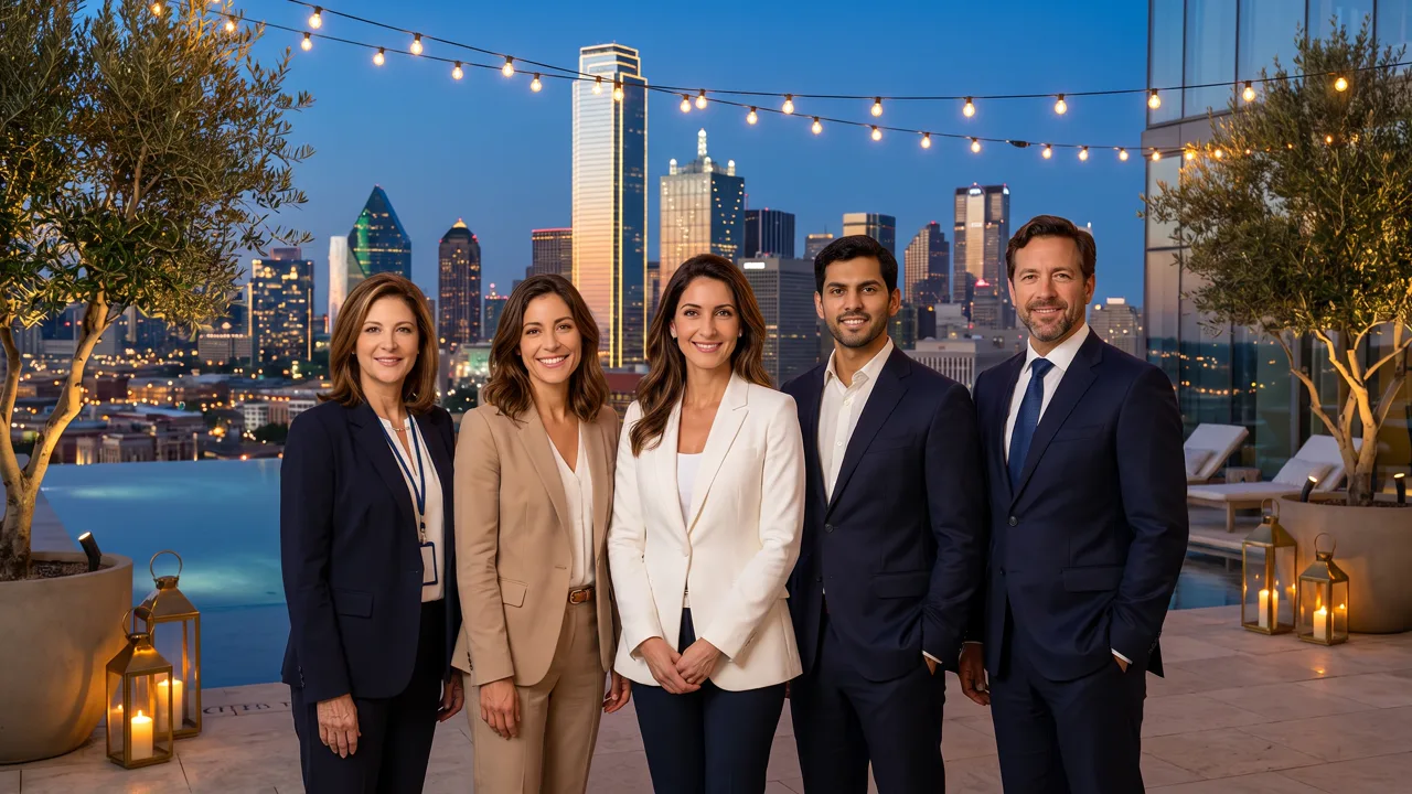 Poppy, Ginger, the Association Desk, the MLS Desk and the Lender Desk together on a Dallas rooftop at blue hour: a frame from the PURE Overview with AI assistants.