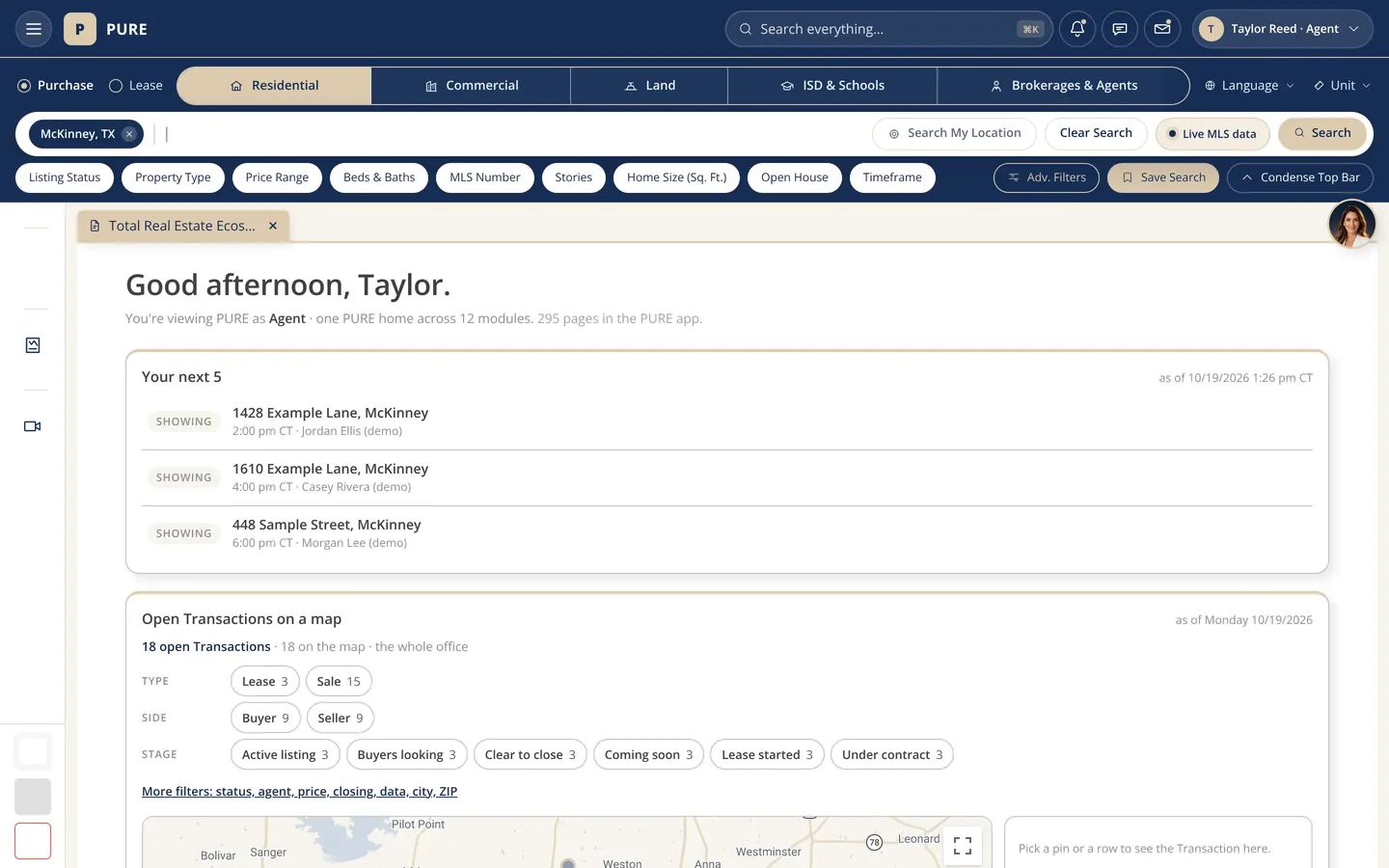 PURE home for a demo agent: Good afternoon, Taylor, then Your next 5 listing three sample showings for today with times and buyers, quick actions for New Listing, Upload Document and New CMA, and a card that says Poppy opens from her picture at the edge of the screen.