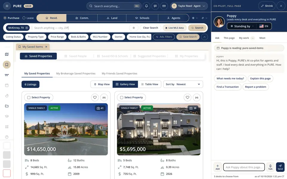 The PURE user workspace with Poppy&rsquo;s panel open: a My Saved Items tab with three luxury homes for sale in McKinney and Frisco in gallery view (a stone ch&acirc;teau-style estate on 15.8 acres, a modern white home lit at dusk and a large new home on a wide lawn), each card with its price, beds, baths, size, acres and year built, and Poppy&rsquo;s panel on the right reading the page, with quick buttons What needs me today, Explain this page, Find a Transaction and Report a problem.