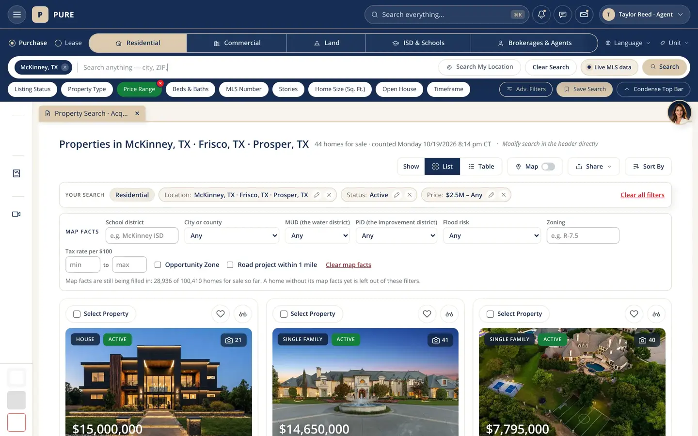 Home search in PURE: the navy search bar with Purchase or Lease, Residential, Commercial, Land, Schools and Agents, the chosen search (McKinney, Frisco and Prosper, active, 2.5 million dollars and up) and a gallery of 44 luxury homes for sale sorted by price, starting with a modern lit-up home at dusk, a stone ch&acirc;teau-style estate with a fountain and an aerial view of an estate with a pool and sport court, each card with its price, beds, baths, size, acres, price per square foot and year built.