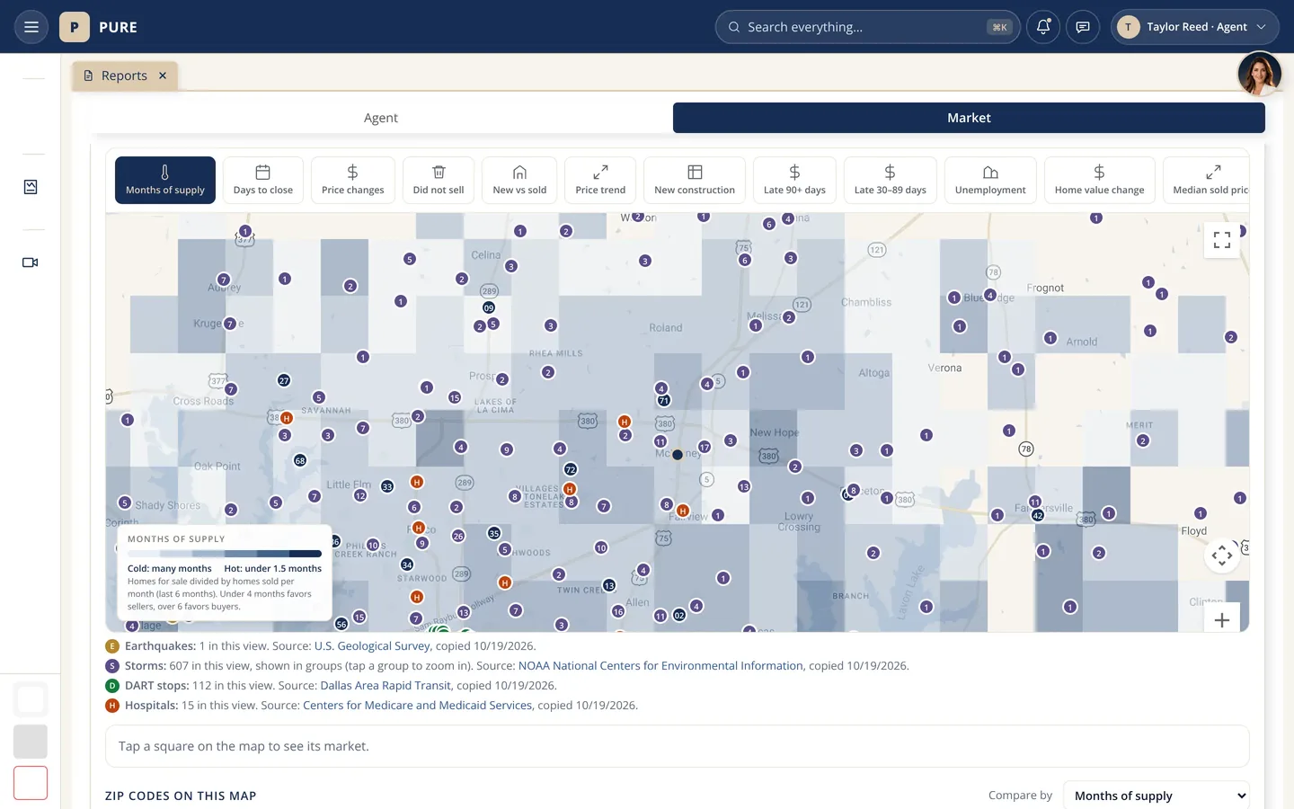 The Market map around McKinney with the months of supply squares and four point layers switched on: earthquakes, storms, DART stops and hospitals, each dot lettered, with a line under the map naming each layer&rsquo;s count and public source.