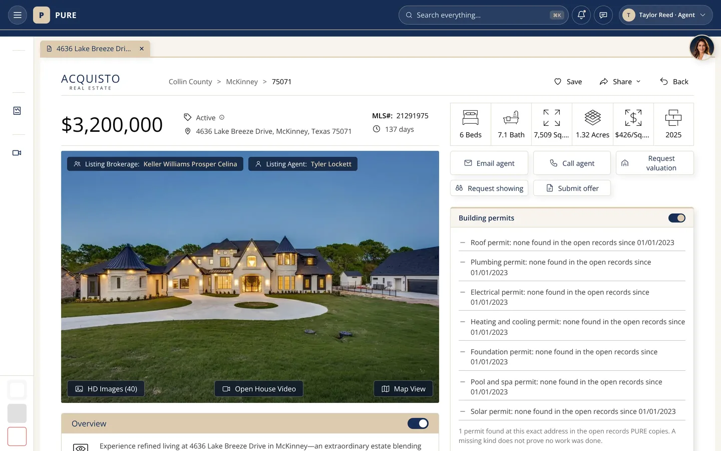 A property page in PURE for a luxury home for sale in McKinney: the price, status, address and MLS number, the key facts in icons (6 beds, 1.32 acres, built 2025), the listing brokerage and listing agent shown over a large twilight photo of the lit-up home, buttons to email or call the agent, request a showing, ask for a valuation or submit an offer, and the new Building permits card listing each kind of permit found in the open city records.
