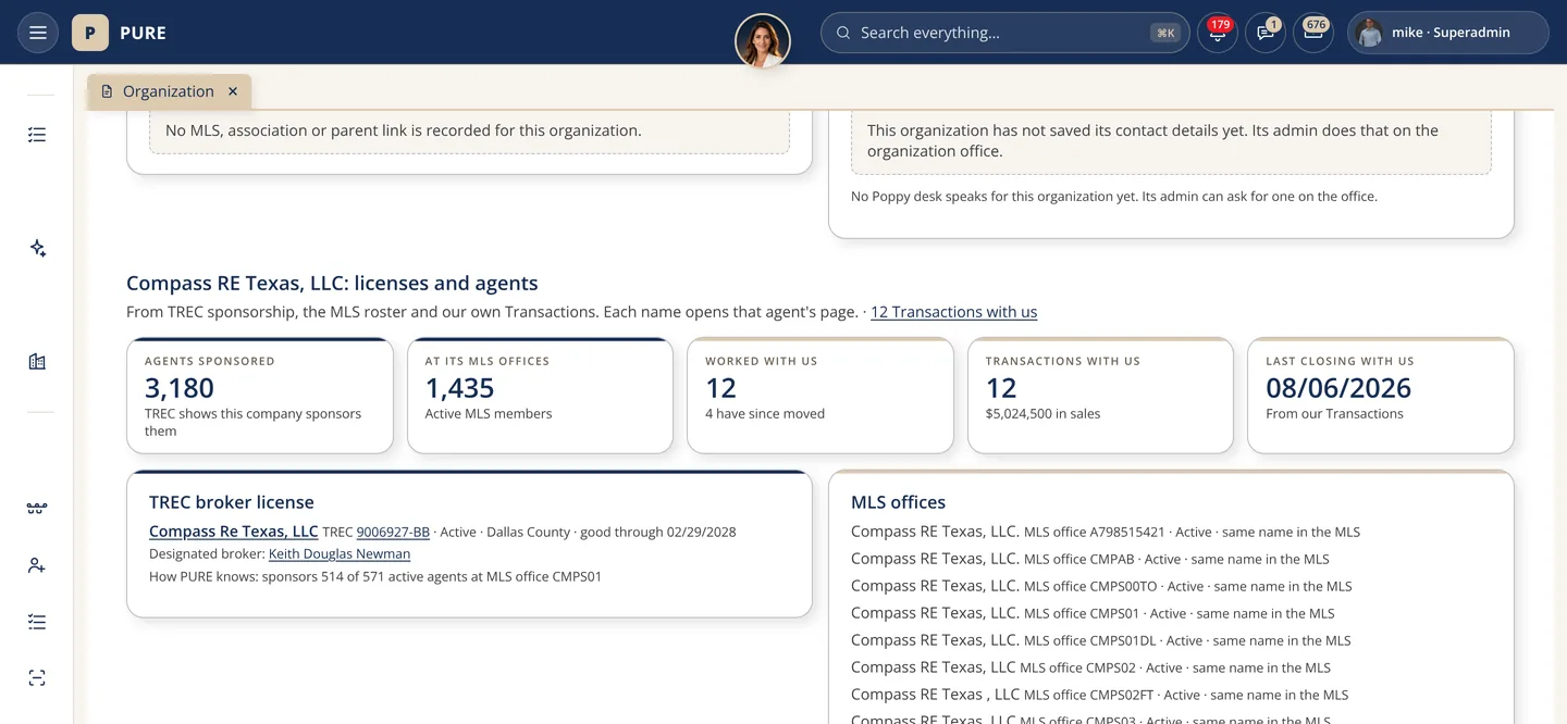 A brokerage page for Compass RE Texas: its TREC broker license, agent counts, MLS offices and the list of its agents.