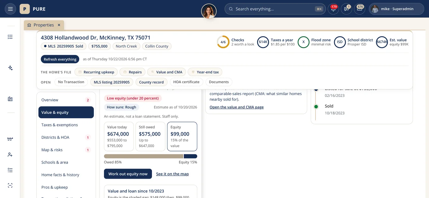 A property page's Value and equity card: the value, the loan and the equity in three boxes, a Work out equity button and the value and loan chart since the purchase.