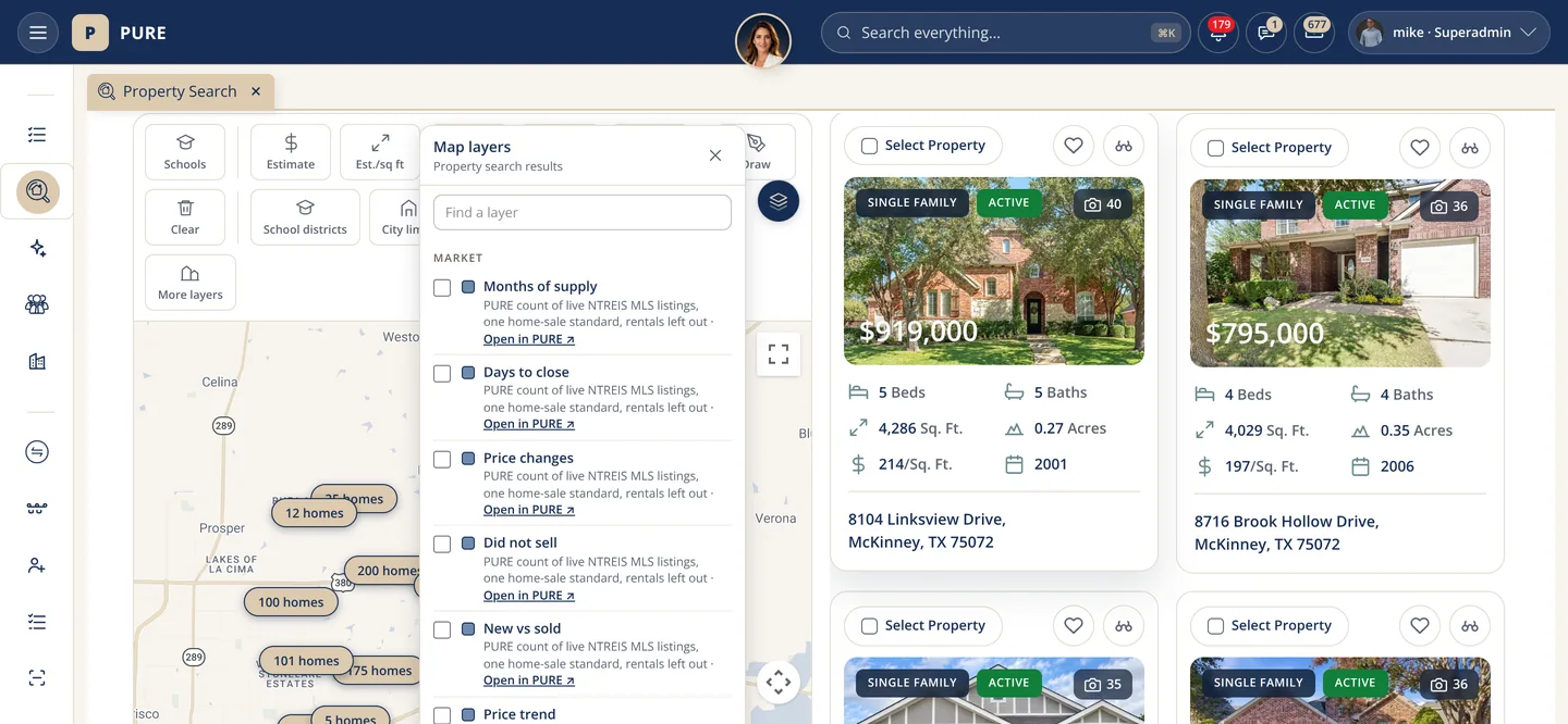 The PURE home search on a map, with the map layers panel open on the left listing months of supply, days to close, price changes and other layers, and two listing cards with price, beds, baths and size to the right.