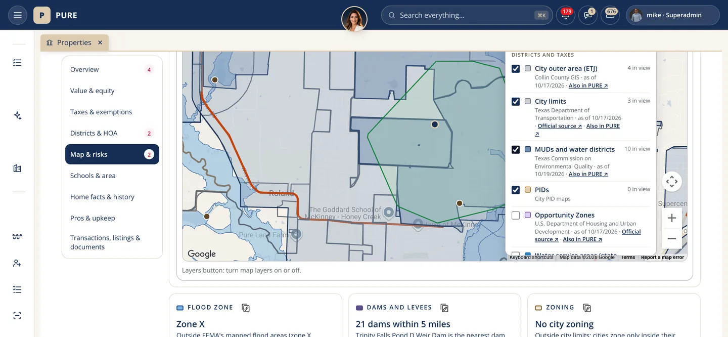 A property page's map with the city outer area, city limits, the water and utility districts and other boundaries drawn around the home, with the district list and its sources beside it.