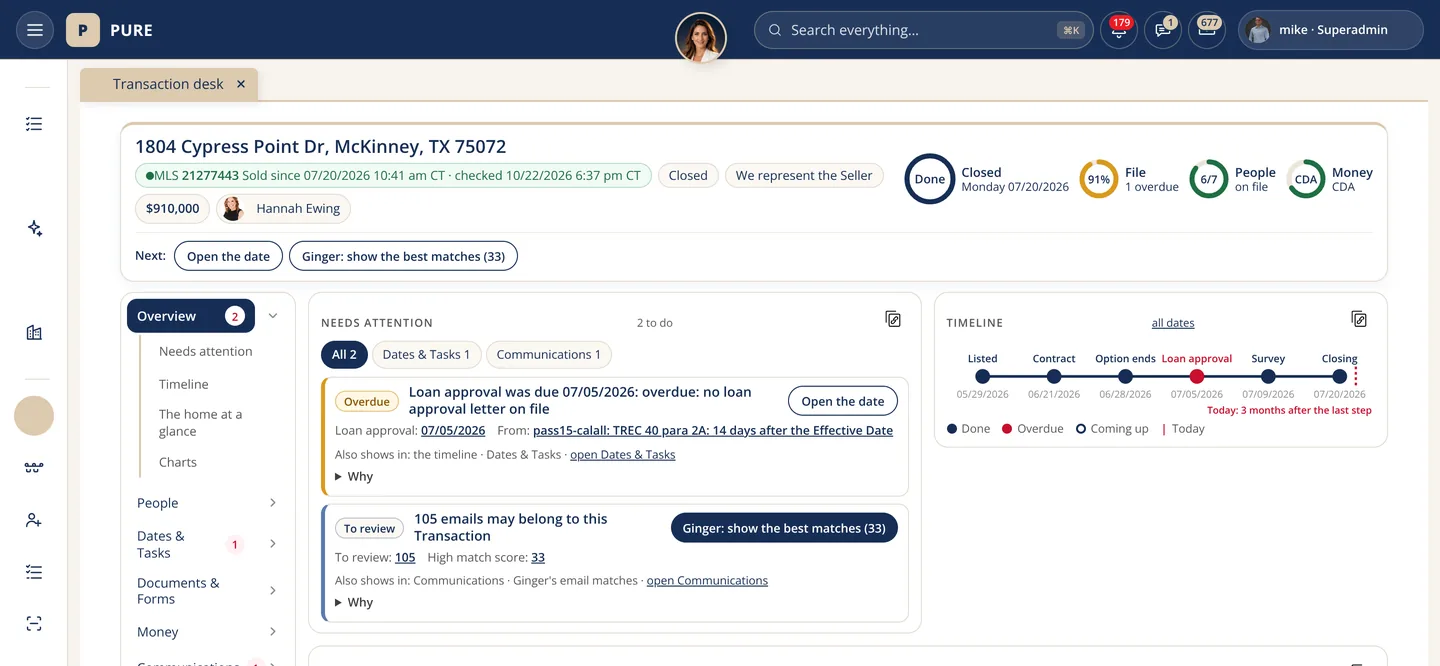 A Transaction page for a sample home in McKinney: the address and stage at the top, the overview tab with the attention list and next steps, and the files, people and money counts on the right.