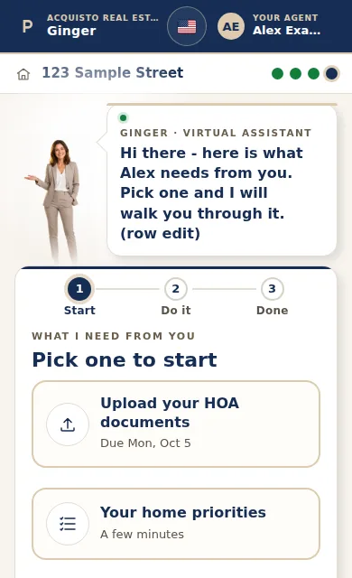 The one-task room on a phone: Ginger speaks in a bubble and the client picks between uploading their HOA documents or answering a few questions.