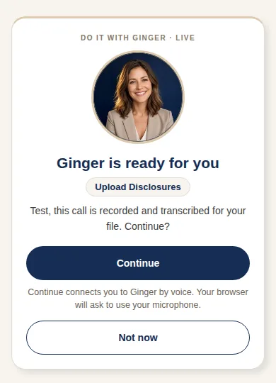 The Do it with Ginger Live consent card: Ginger is ready for you, with Continue and Not now buttons.